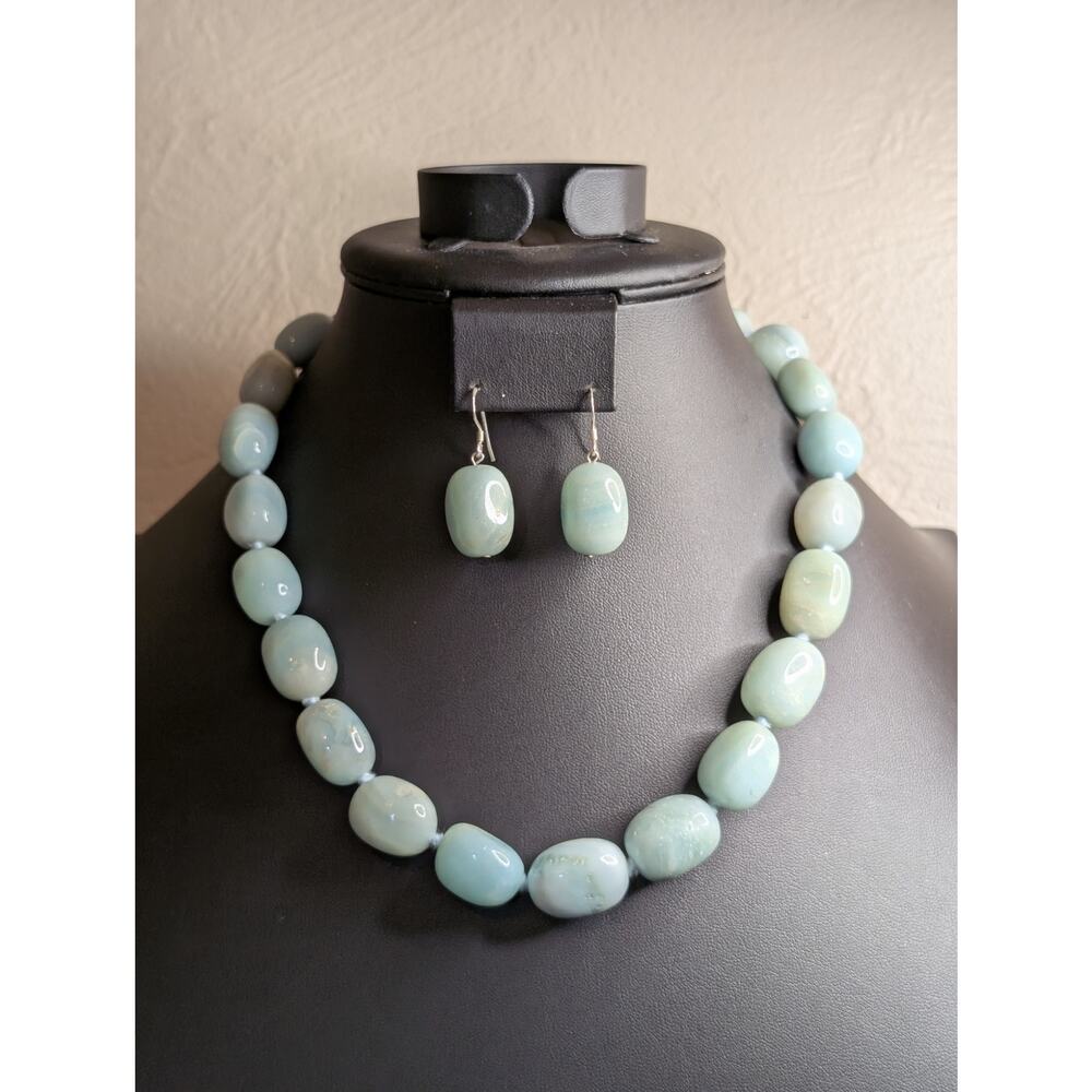 GSJ Sterling Silver Natural Blue Aqua Stone Bead Necklace & Dangle Earring Set